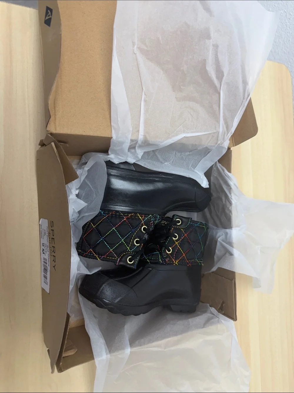 Sperry Black Ankle Rain Boots with Multicolor Quilted Cuff 9m